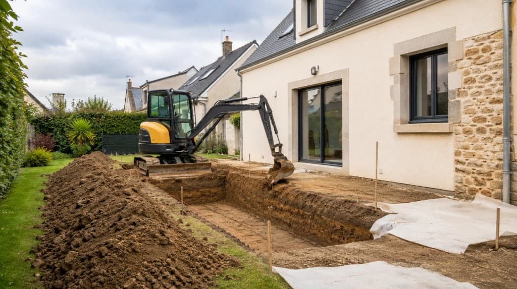 Terrassement pour extension : fouille le long d’une maison avec mini-pelle