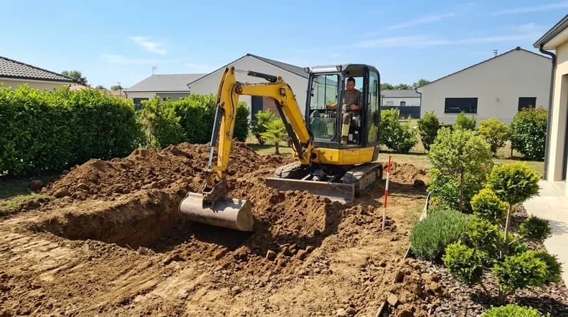 Mini-pelle en cours d’excavation pour un terrassement de piscine
